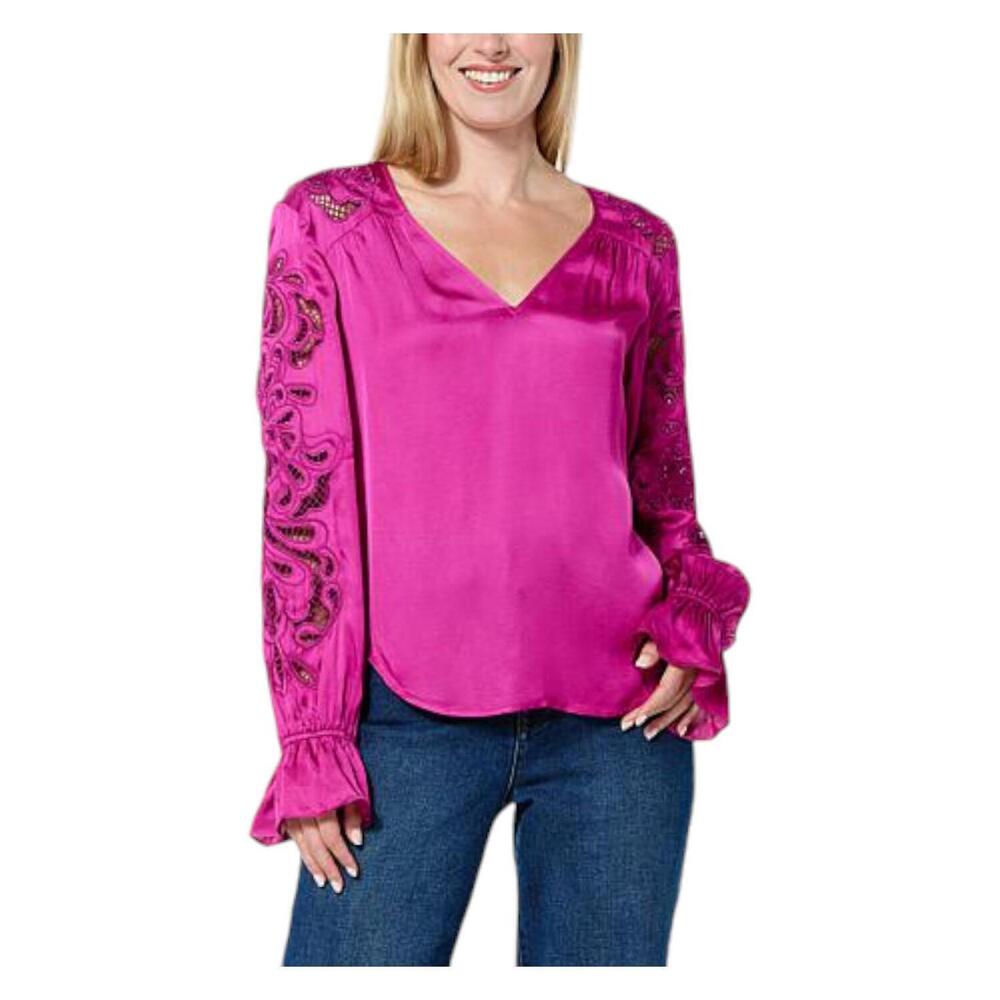 La Joie Women's Schiffly Embroidered Blouse Magenta - Regular
